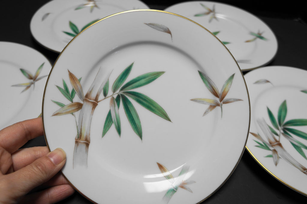 Noritake Bamboo Salad Plates Green Brown Rim Shape 7 1/2" Set of 5