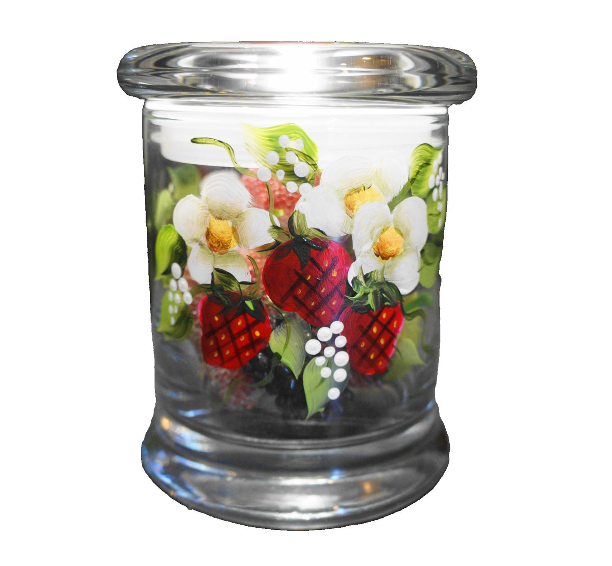Strawberries Flowers Leaves Hand Painted Clear Glass Jar