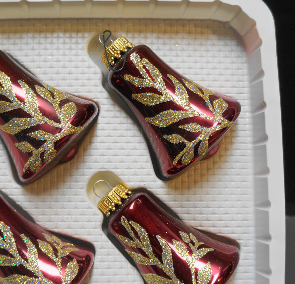 Deep Red Glass Bell Ornaments Gold Glitter Hand Decorated Set of 4