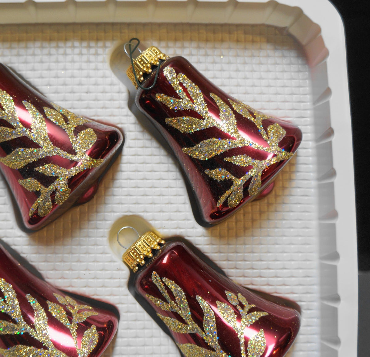 Deep Red Glass Bell Ornaments Gold Glitter Hand Decorated Set of 4