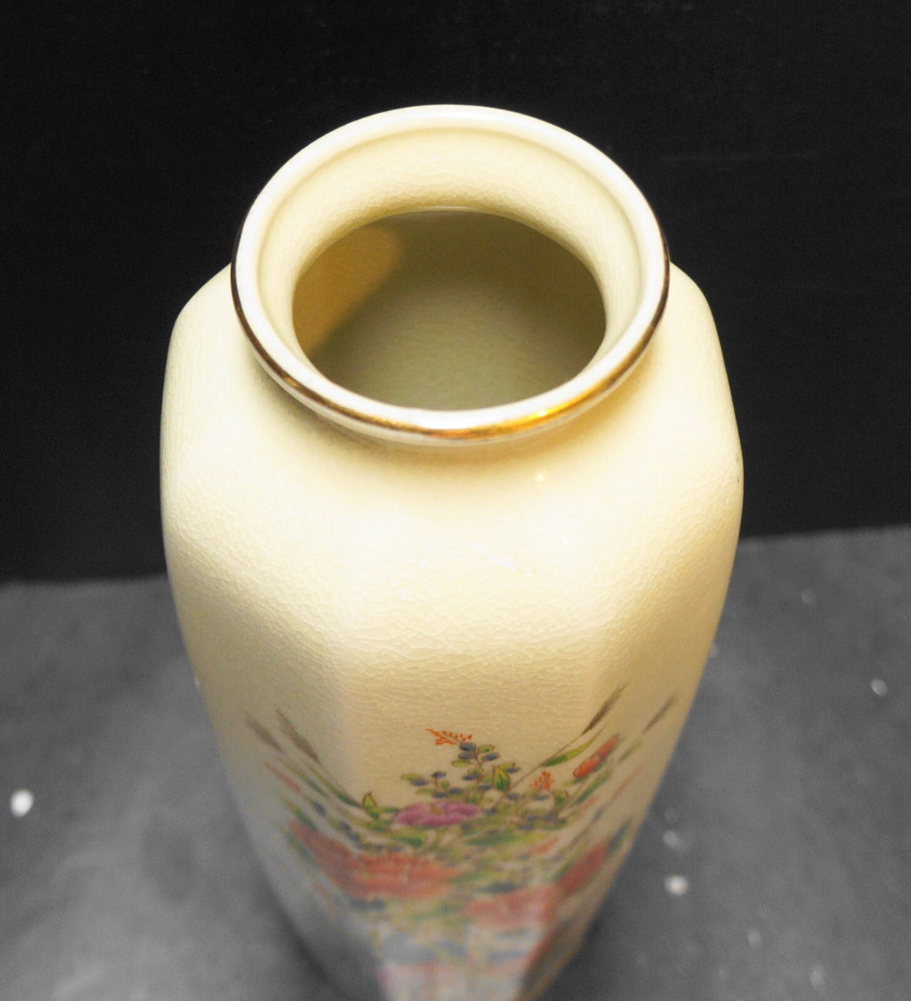 Japanese Paneled Cream Vase Bright Flowers Birds Gold 10 5/8 IN Crackle Crazing