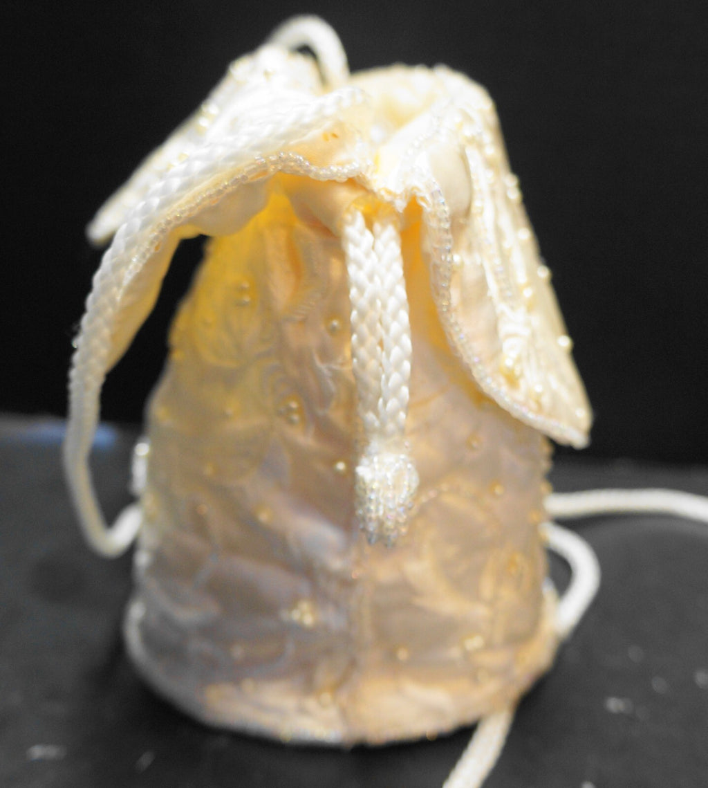 Cream Satin Beaded Drawstring Pouch Purse Evening Bag