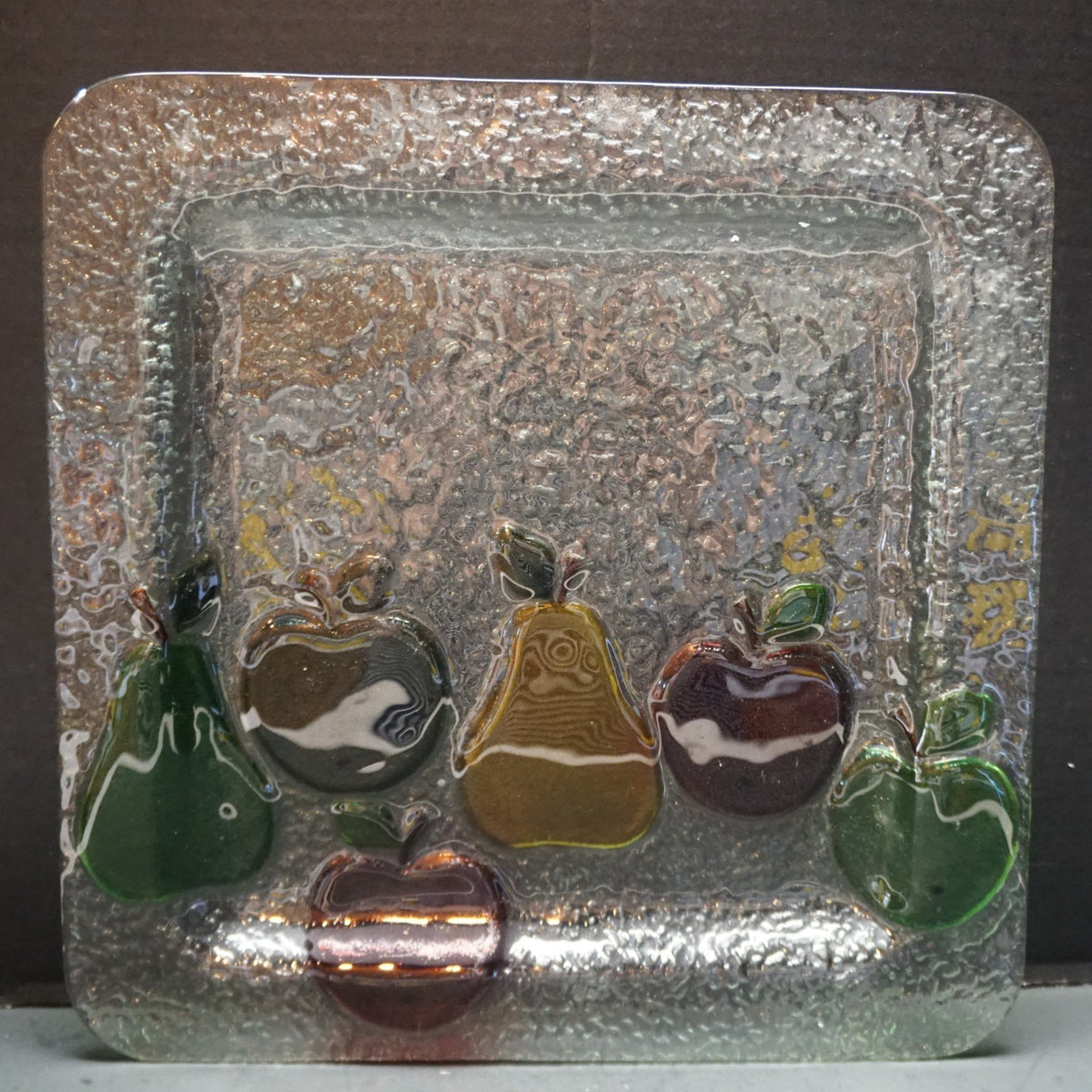 Fused Glass Fruit Apple Pear Clear Pebbled Square Tray 14 5/8 IN