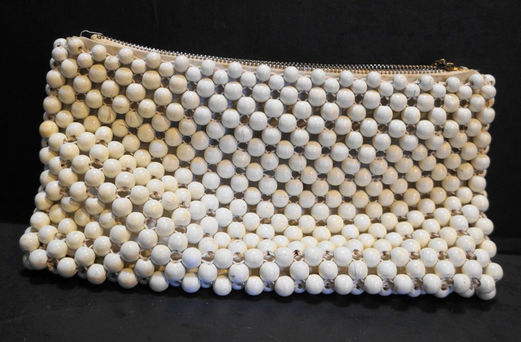 Vintage Cream Wooden Bead Clutch Purse Made in Japan