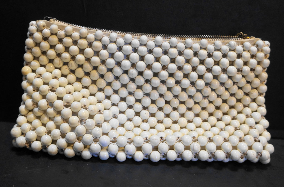 Vintage Cream Wooden Bead Clutch Purse Made in Japan