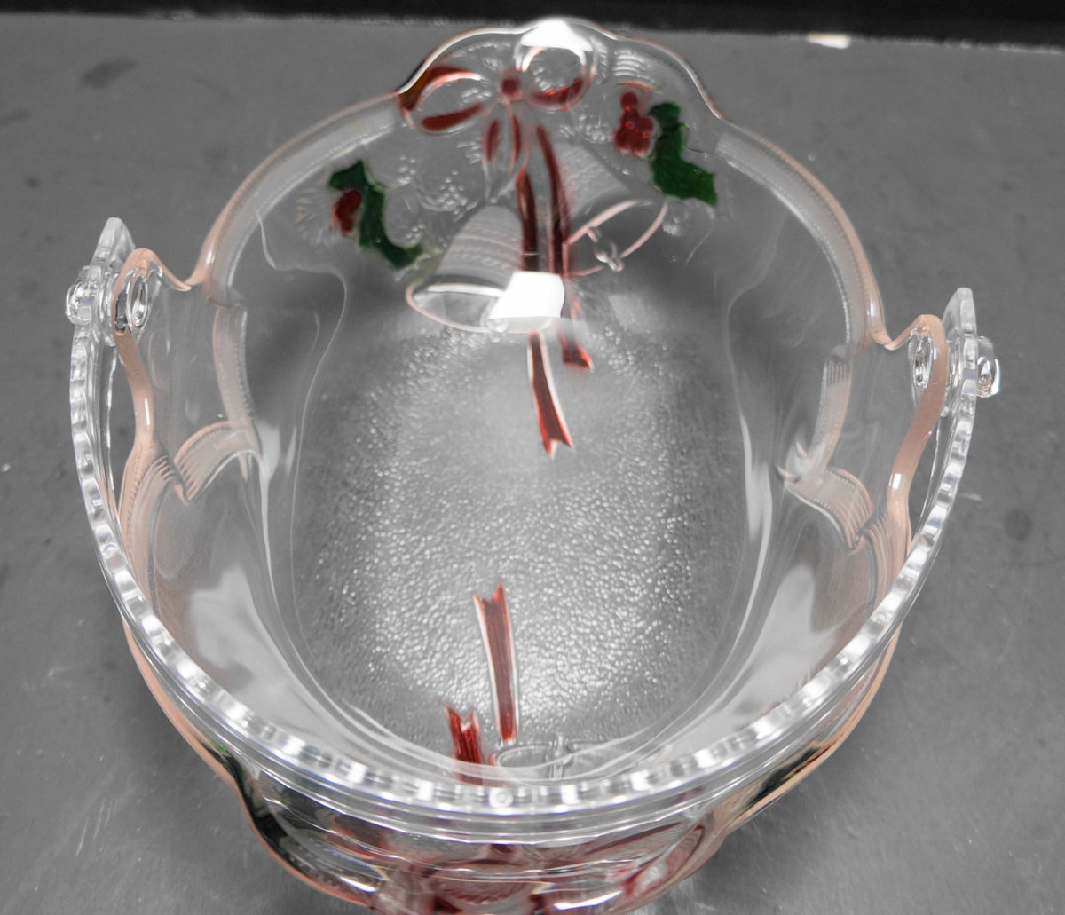 Mikasa Holiday Bells 9 1/2 IN Oval Basket Bowl Frosted Stained Red Green