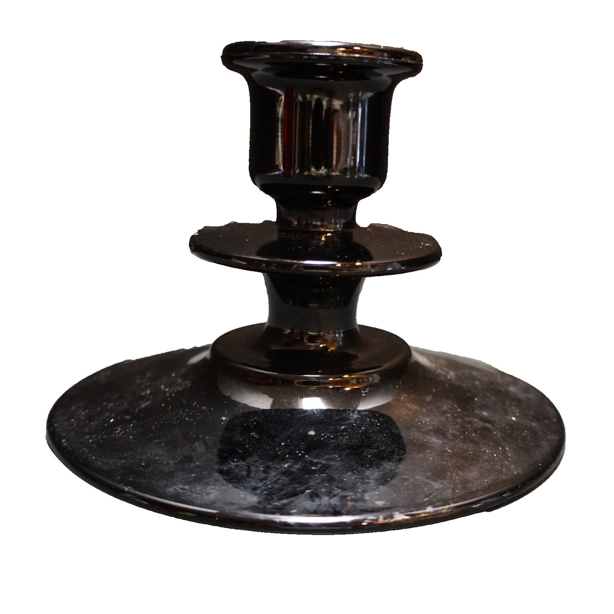 Black Glass Candle Stick Holder Single Light Depression Art Deco Indiana Diamond