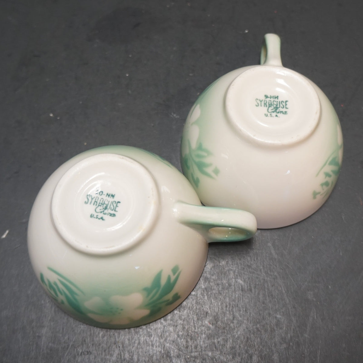 Syracuse Millbrook Airbrushed Green Floral Tea Coffee Cups Pair 1930s