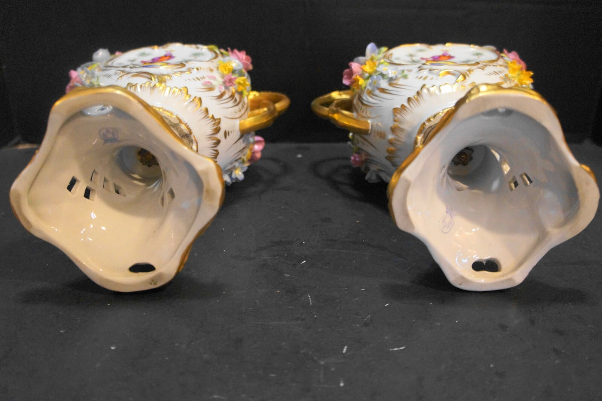 Von Schierholz Urns Pierced Applied Flowers Hand Painted Pheasants