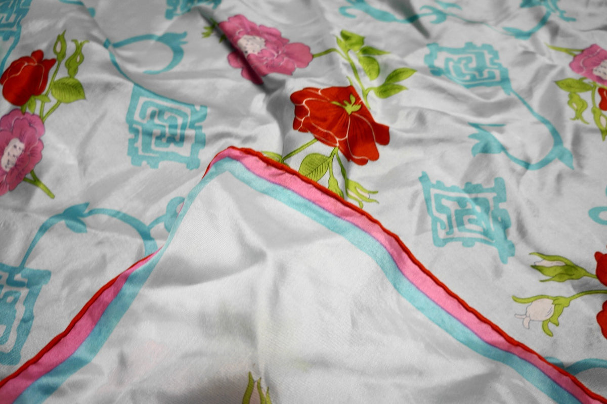 Pale Blue Pink Red Flowers Rayon Silk Blend Vintage Scarf Japan