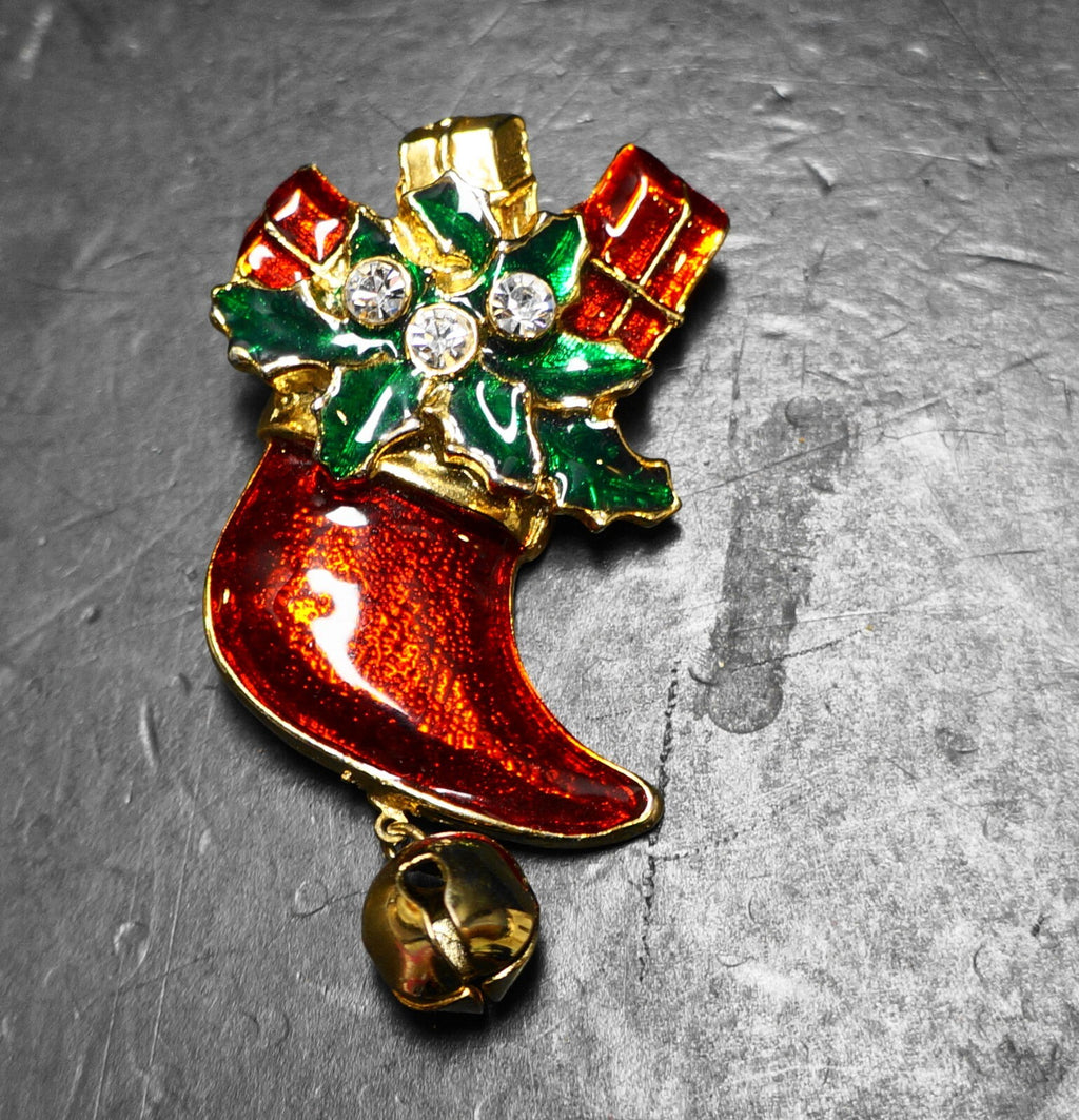 Christmas Stocking Red Green Enamel Clear Rhinestone Gold Tone Pin