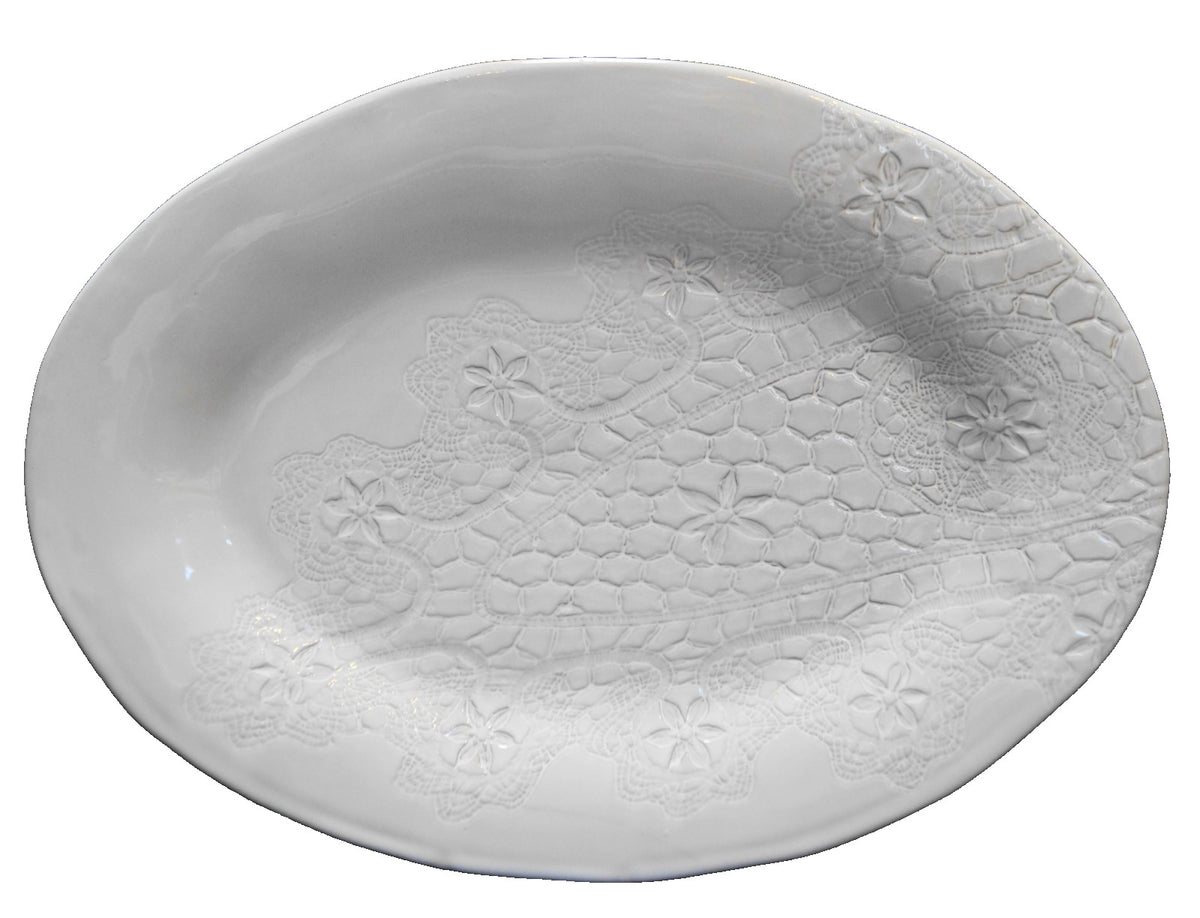 Arhaus Table Isabetta Embossed Ceramic Platter Light Gray Oval Italy