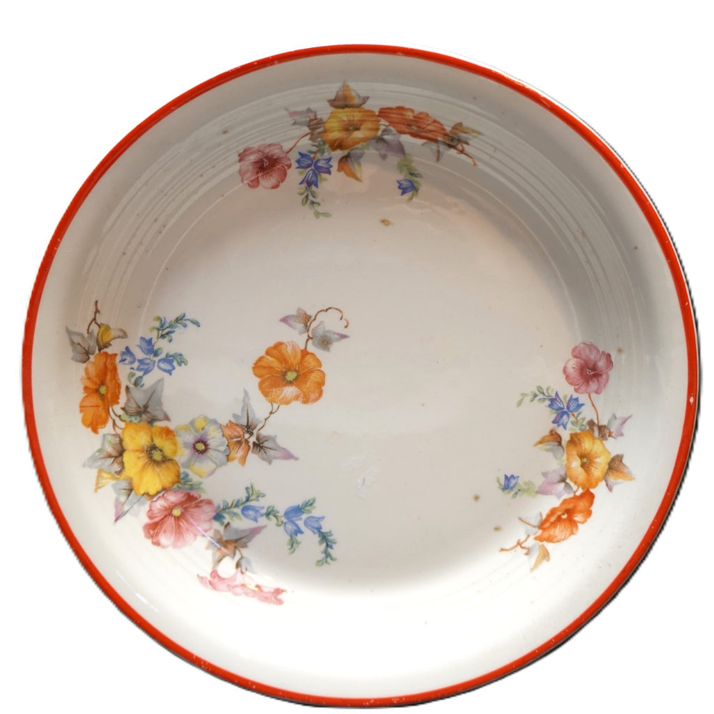 1940s Floral Pie Plate Pan Baker Ribbed Inside Wall Red Trim Unsigned