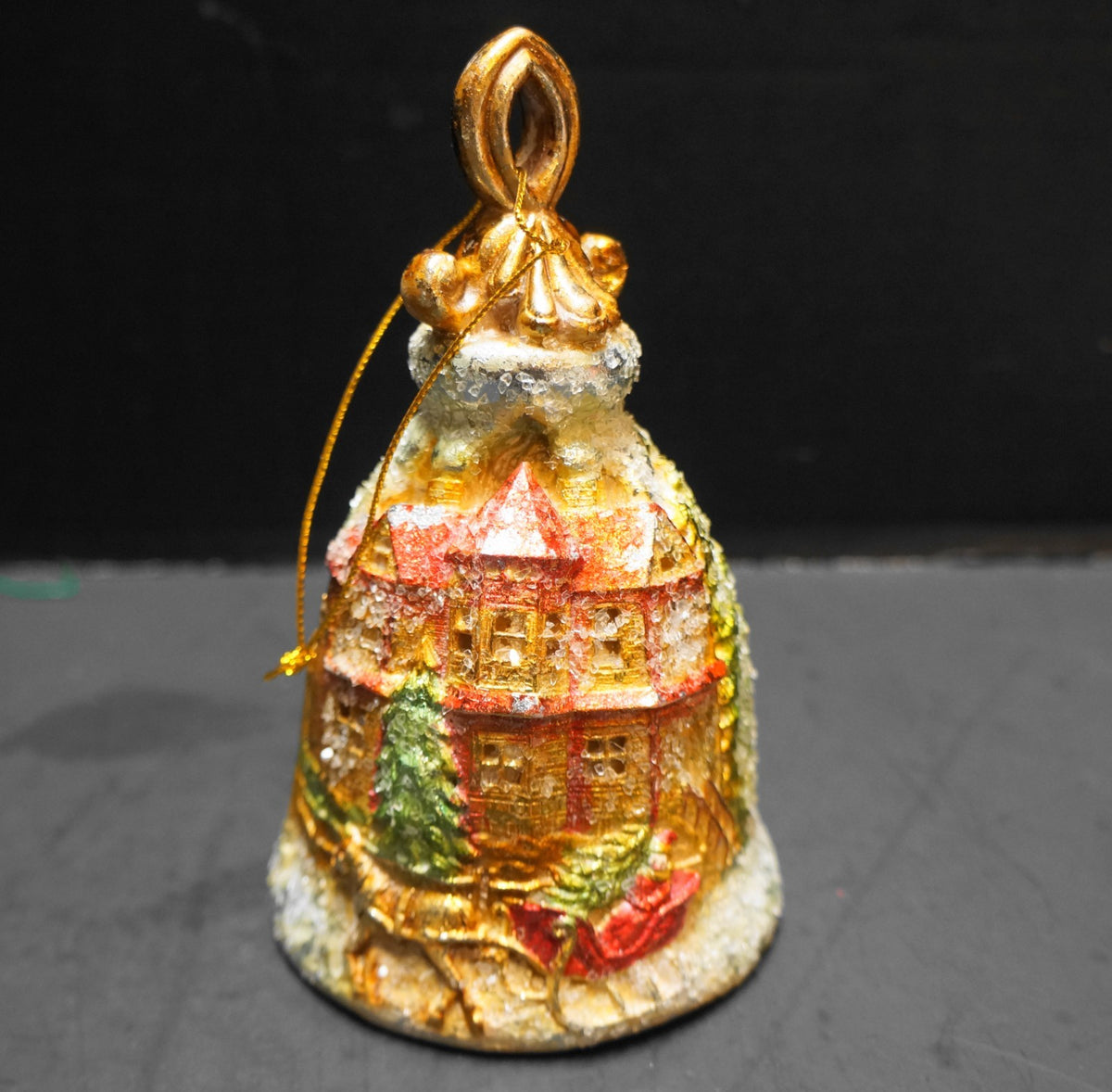 Ornate Christmas Bell Ornament Hand Painted Glass Glitter House