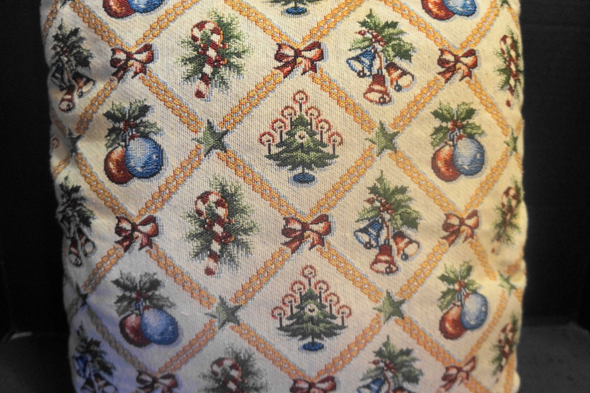 Christmas Pillow Ornaments Tree Bells Candy Canes Diamond Windowpane Tapestry