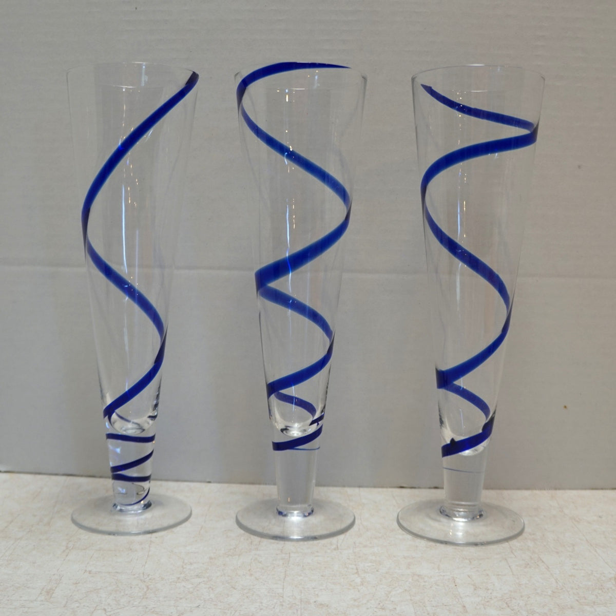 Pier 1 Cobalt Swirline Pilsner Glasses Set of 3 Discontinued Vintage