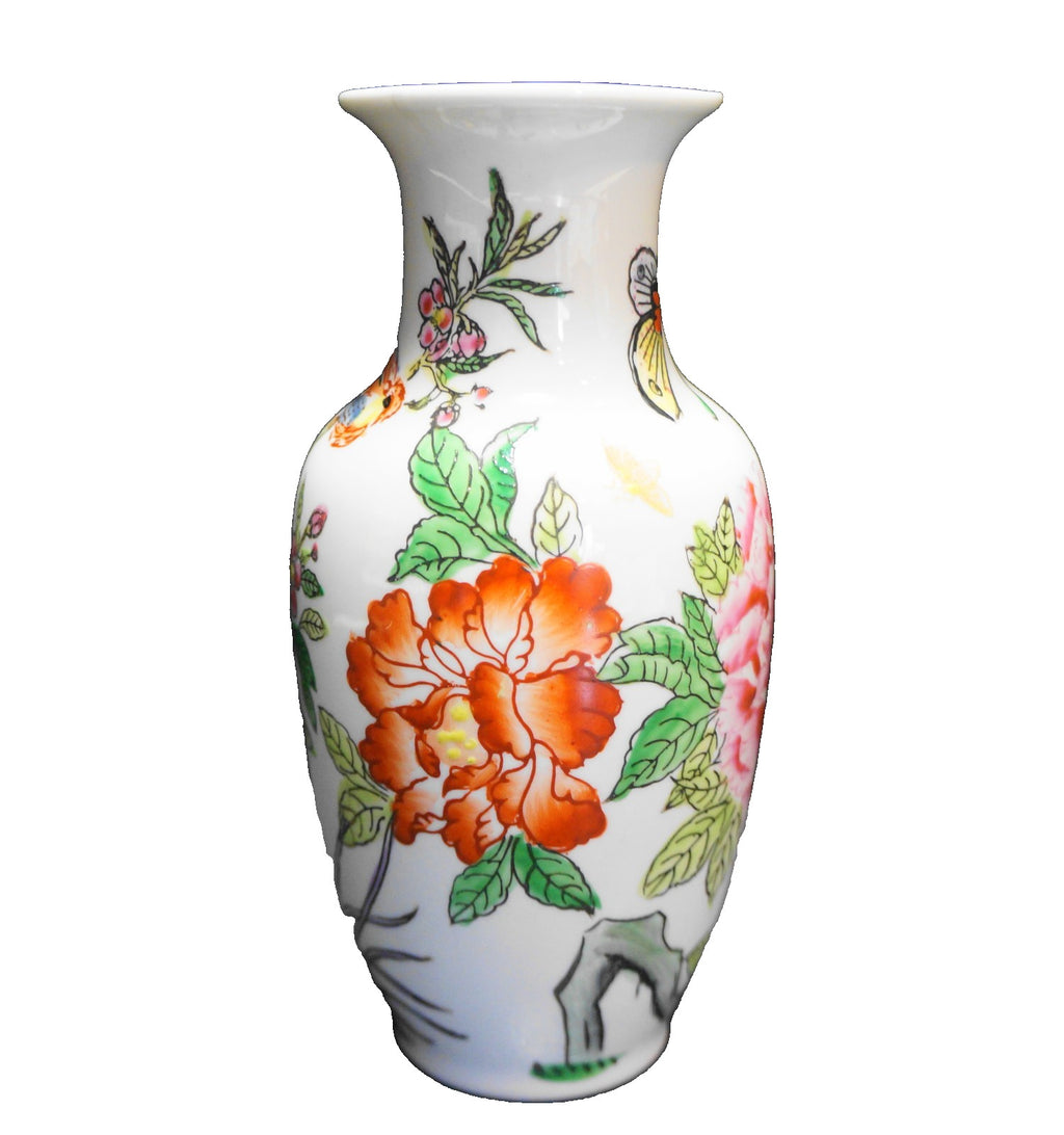 Oriental Objets D'Art Hand Painted Vase Porcelain Flowers Butterfly Macau