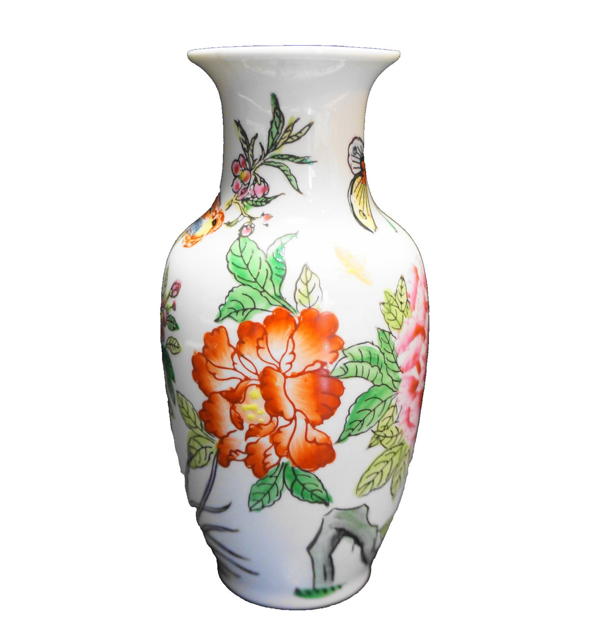 Oriental Objets D'Art Hand Painted Vase Porcelain Flowers Butterfly Macau