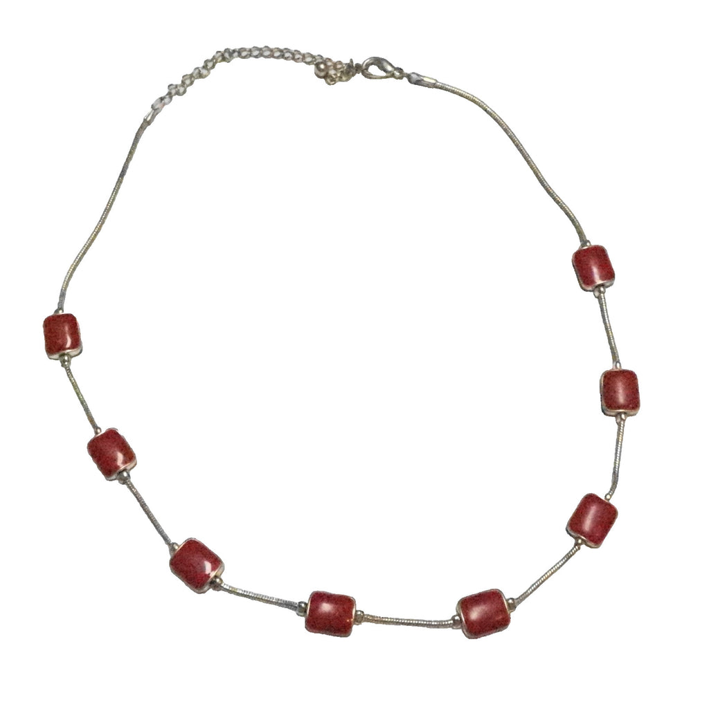 Red Enamel Rectangle Bead Silver Tone Necklace