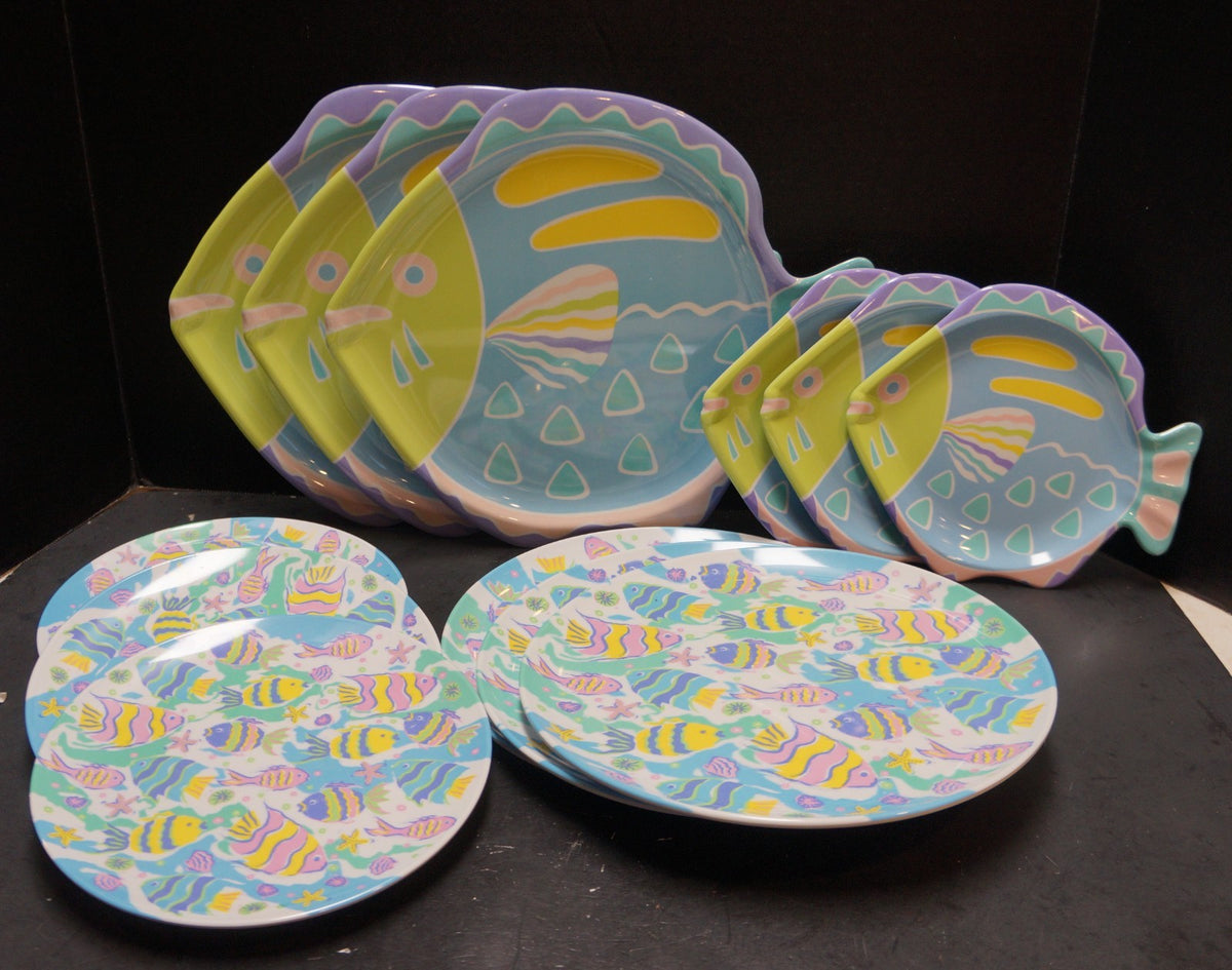 Tropical Fish Melamine Plates Pastel Colors Taiwan 1990s 12 Pieces