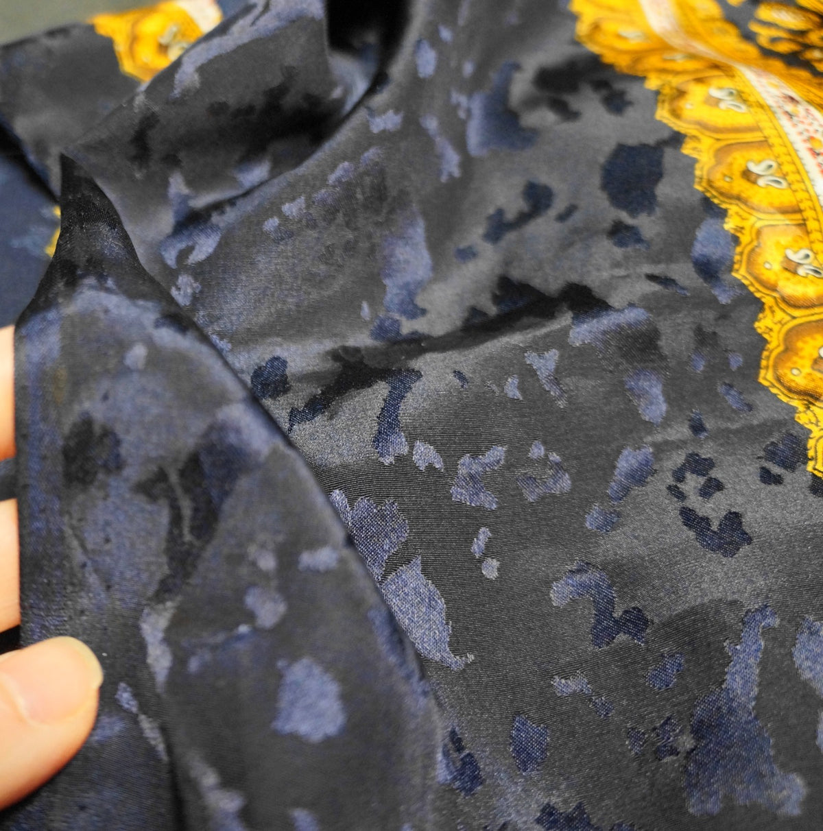 Navy Blue Gold Baroque Print Jacquard Fabric Panel