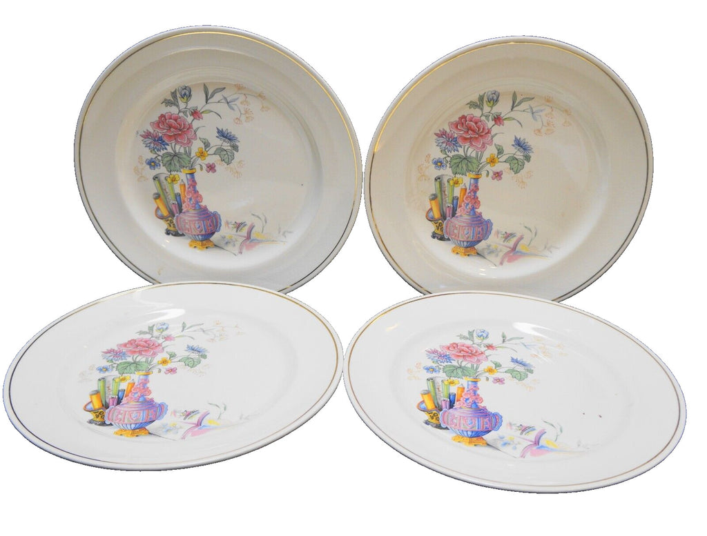 Vintage Asian Motif Vase Flowers Scrolls Decal Dinner Plates Set of 4