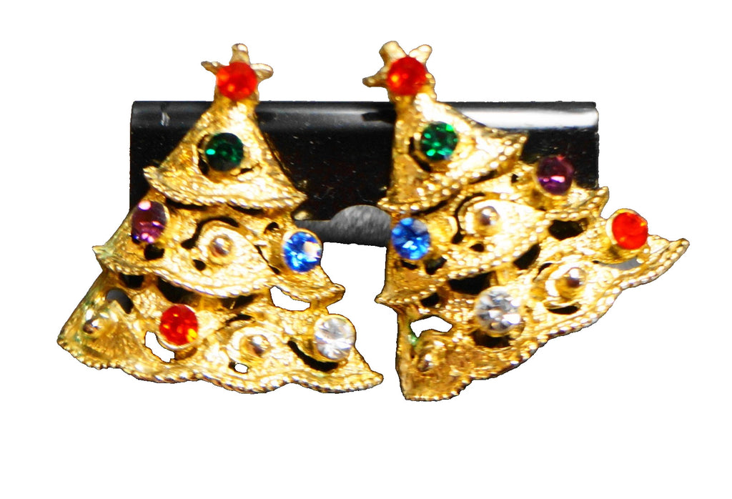 Christmas Tree Rhinestone Clip Earrings Gold Tone