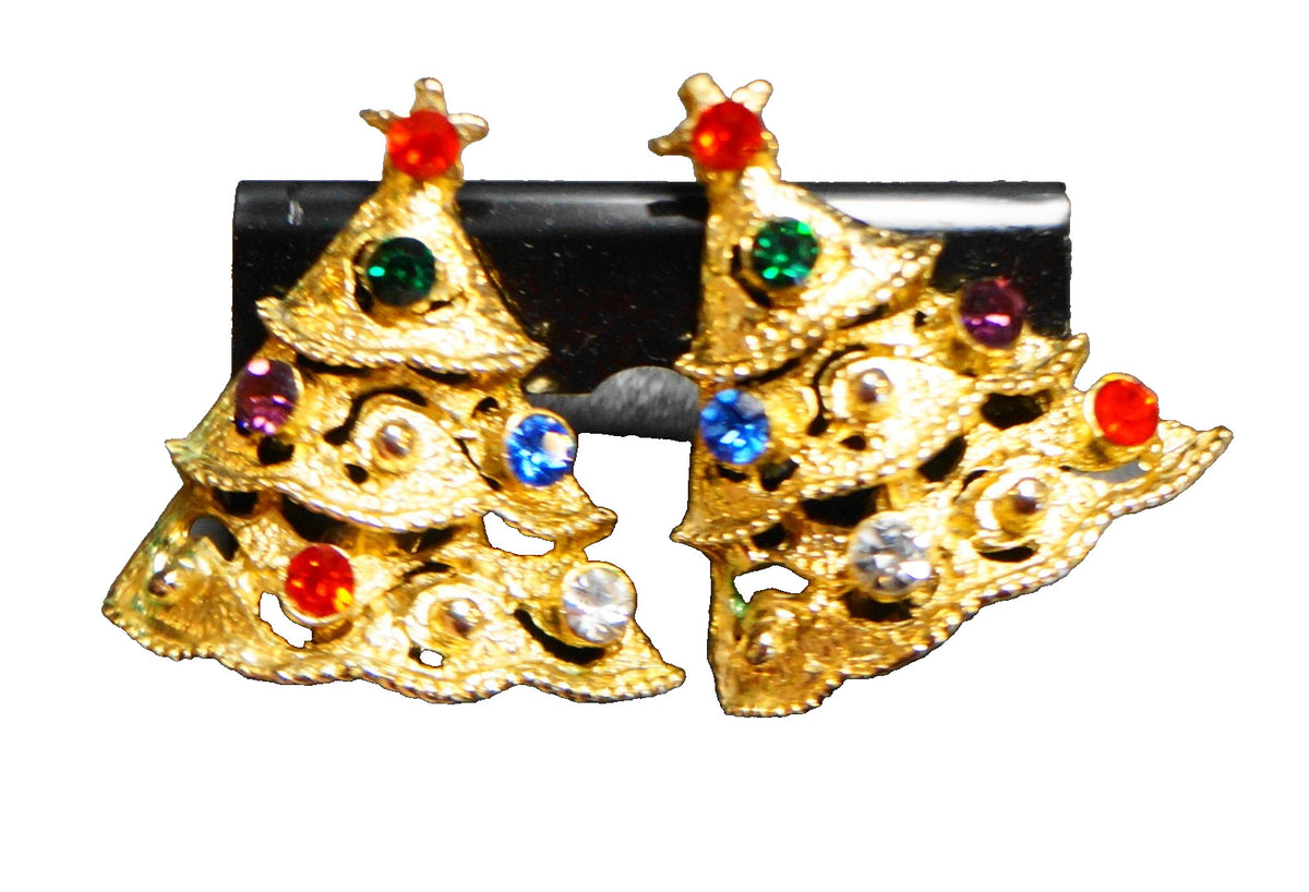 Christmas Tree Rhinestone Clip Earrings Gold Tone