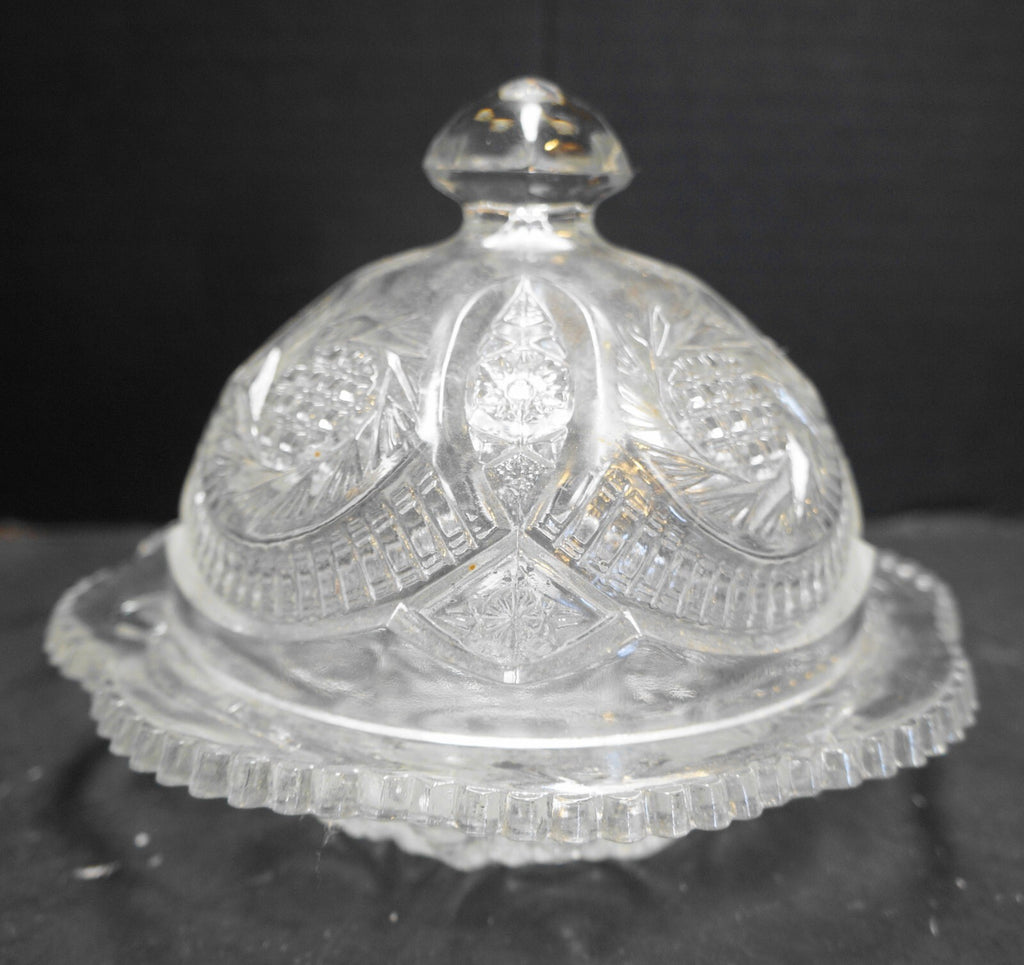 LE Smith Sunburst Clear Glass Domed Butter Dish 1980s