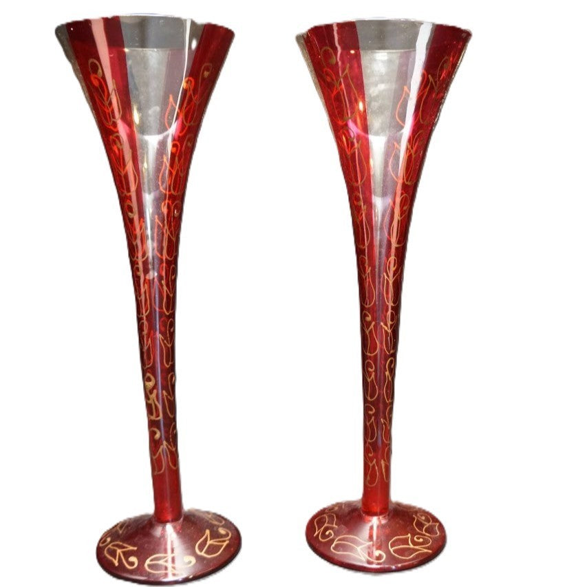 Pier 1 Rioja Hand Painted Red Flashed Gold Squiggles Champagne Flutes Pair