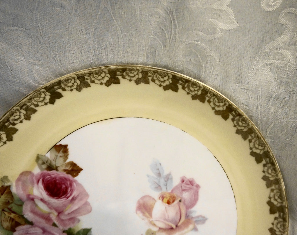 Prussia Charger Cabinet Plate Pink Roses Yellow Border Gold Trim 12 IN