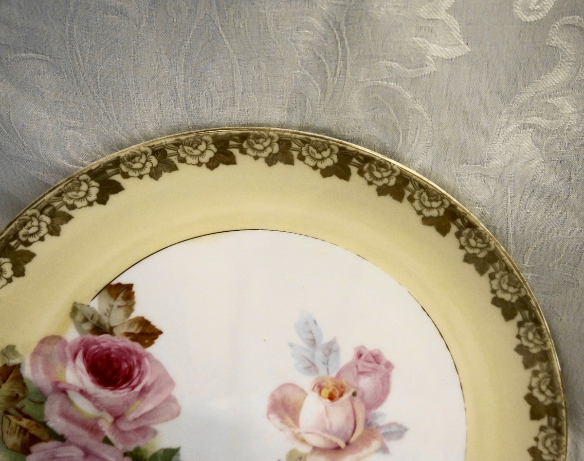 Prussia Charger Cabinet Plate Pink Roses Yellow Border Gold Trim 12 IN