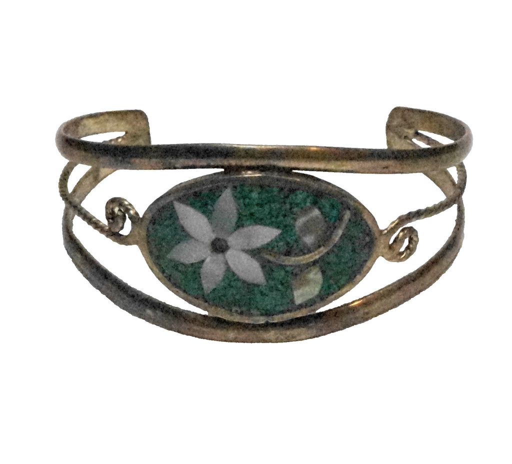 Mexican Silver Cuff Bracelet Green Crushed Stone Abalone Flower