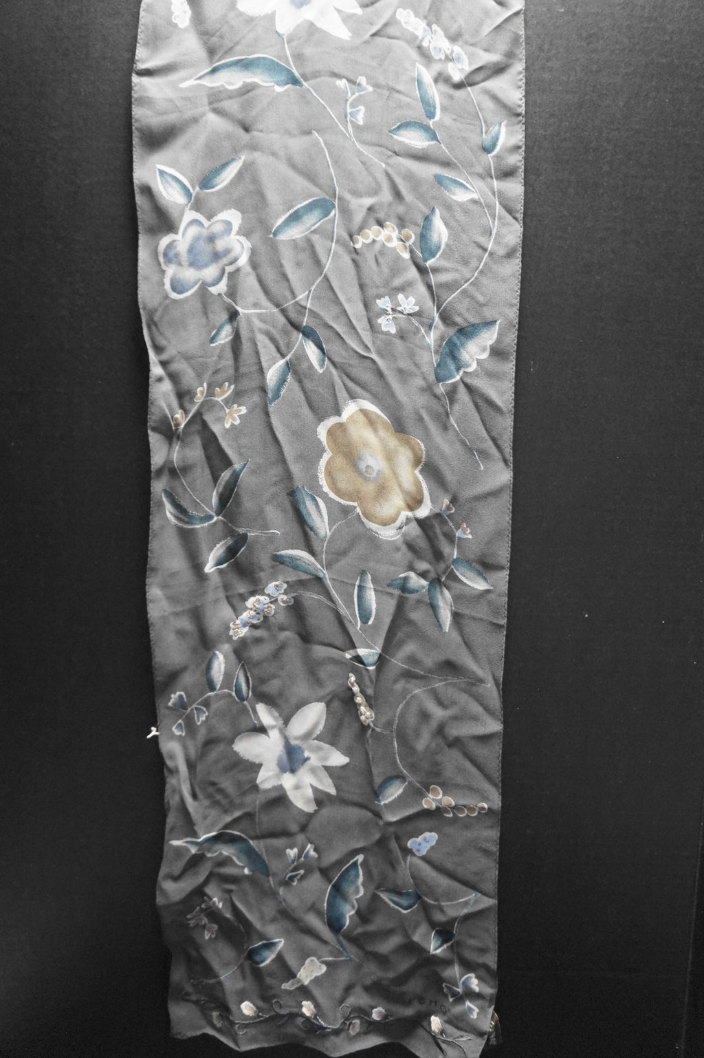 Echo Silk Scarf Gray Chiffon Floral Oblong Embroidered Flowers
