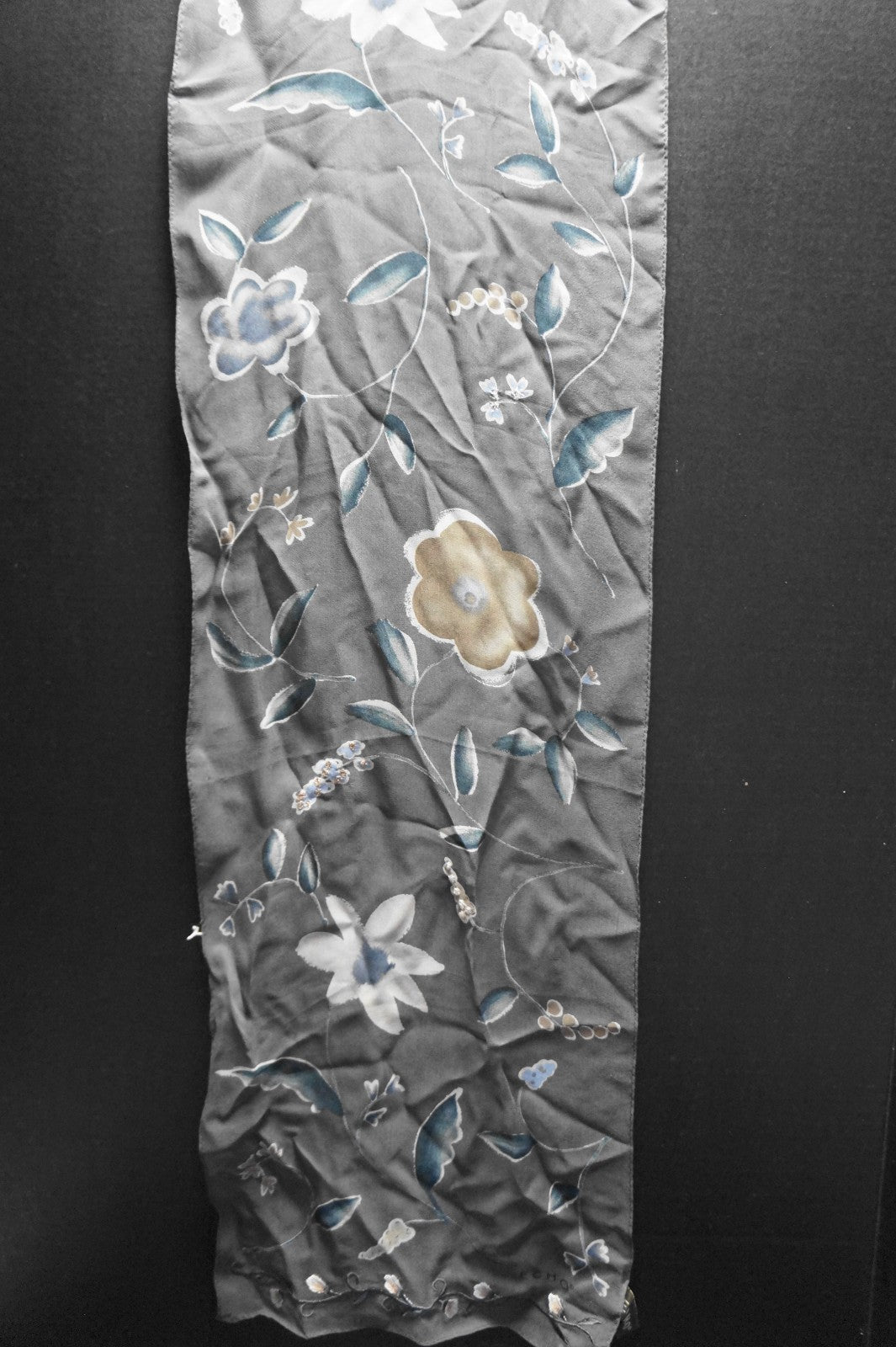 Echo Silk Scarf Gray Chiffon Floral Oblong Embroidered Flowers