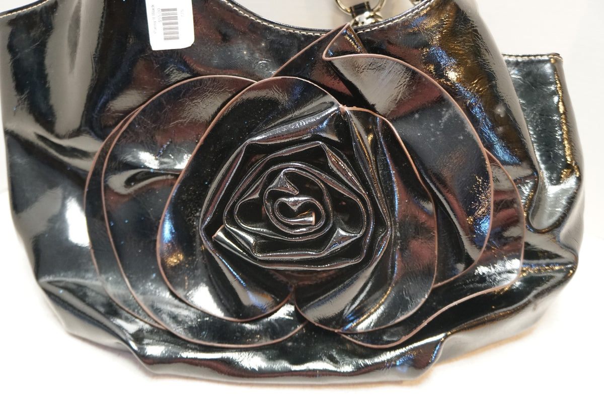 Rebekah Rosa Handbag Company Black Patent Pansy Shoulder Bag Purse