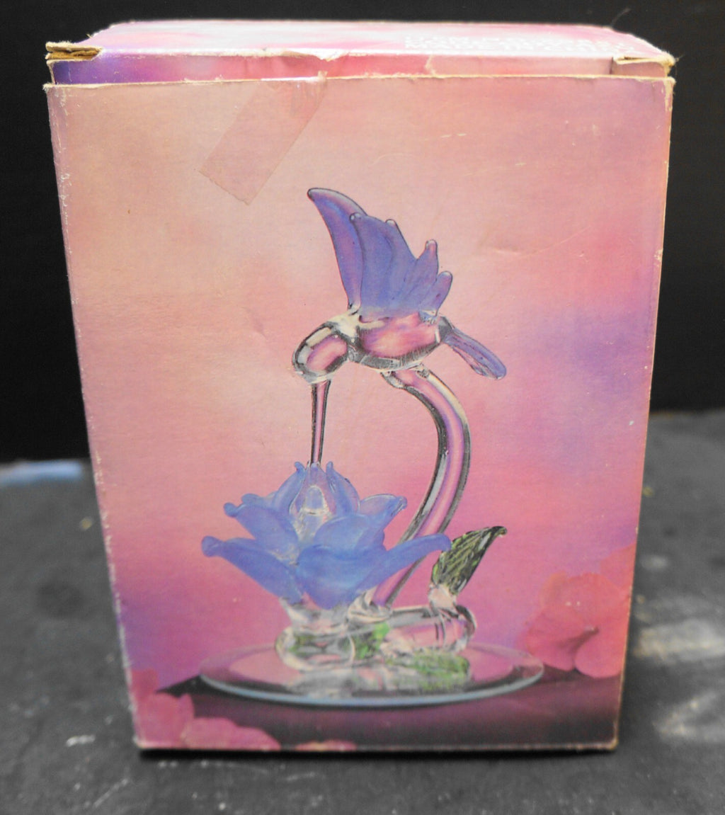 Vintage Blown Art Glass Hummingbird Blue Frosted Flower Figurine on Mirror Base