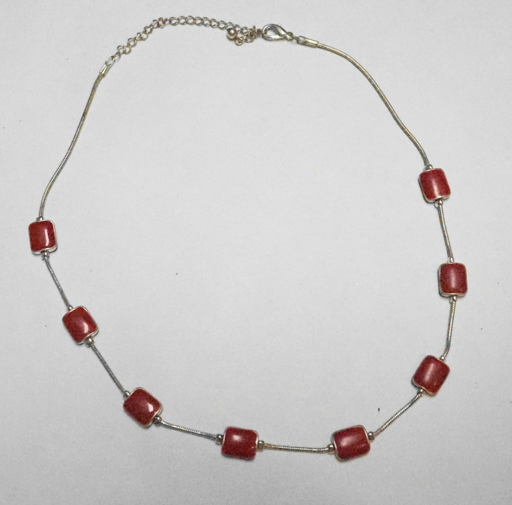 Red Enamel Rectangle Bead Silver Tone Necklace