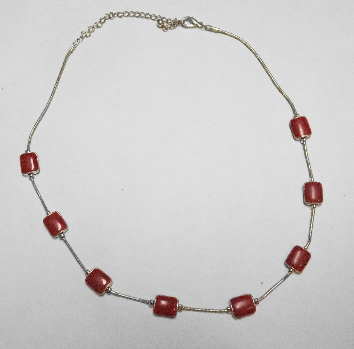 Red Enamel Rectangle Bead Silver Tone Necklace