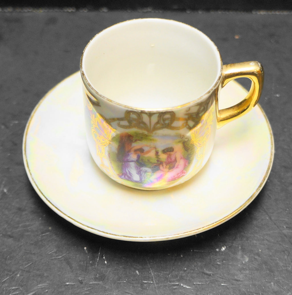 Ardico Germany Lustre Ware Demitasse Cup Saucer Fragonard Scene