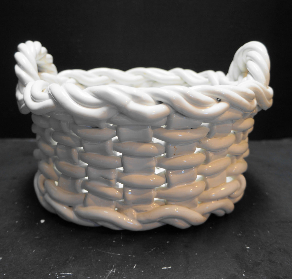 White Glazed Ceramic Woven Basket Bowl Made in Italy