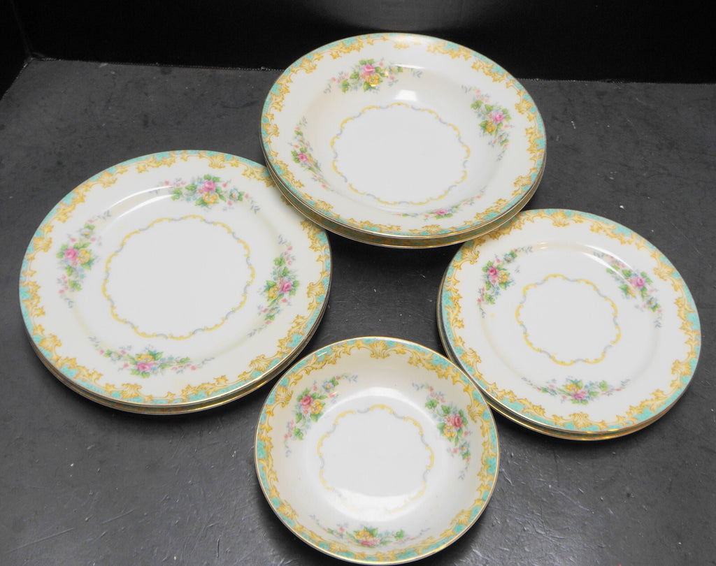 Noritake Adela Bowls Plates 7 Pieces 1930s Aqua Rim