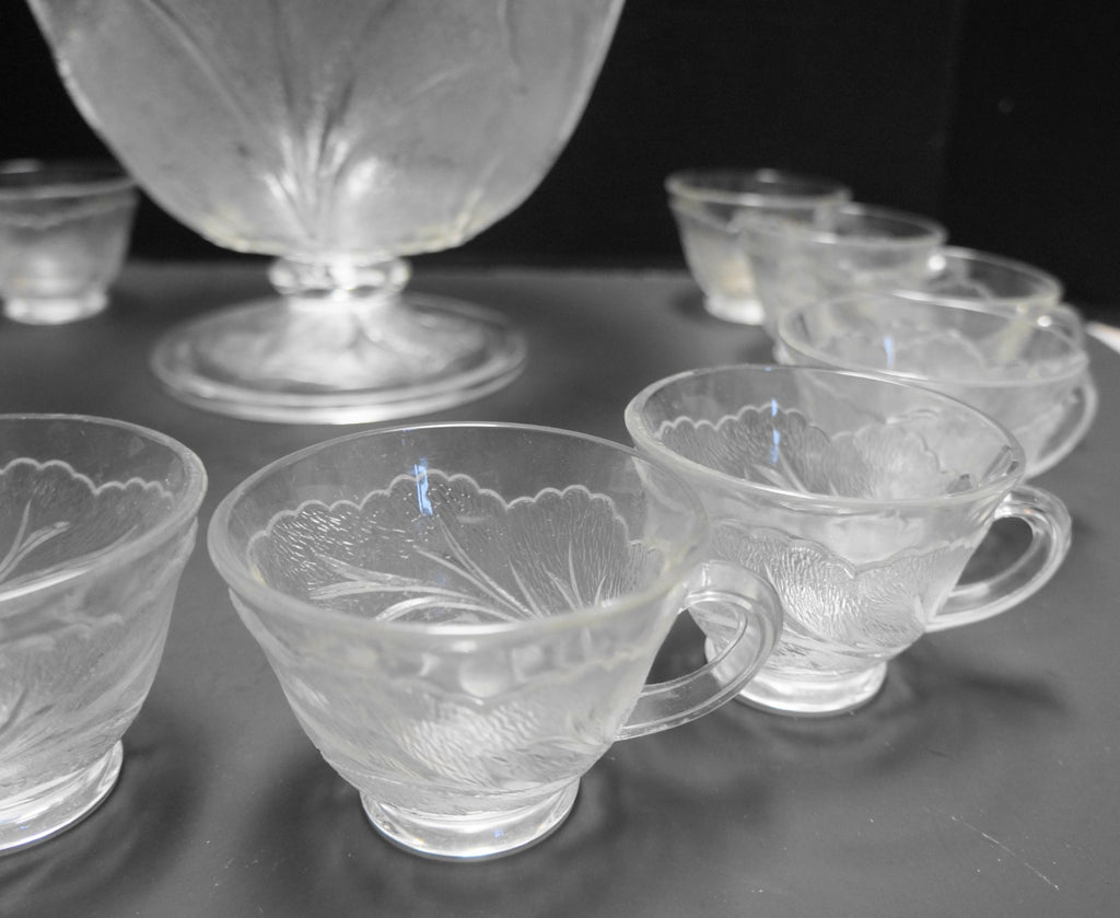 Indiana Glass Pebble Leaf Clear Glass Punch Set Footed Bowl 12 Cups