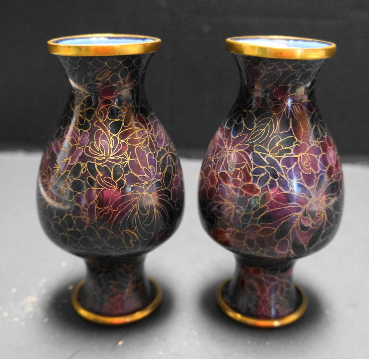 Jingfa Beijing Chinese Cloisonne Enamel on Brass Purple Black Vases Pair Small