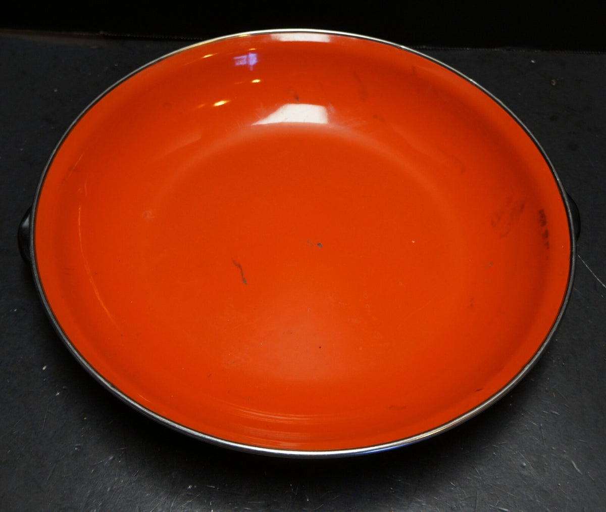 Red Black Enamel Saute Pan Handles 10 5/8 IN Yugoslavia
