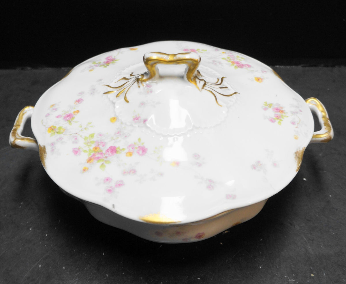 Charles Ahrenfeldt Limoges France Pink Roses Covered Round Vegetable Dish