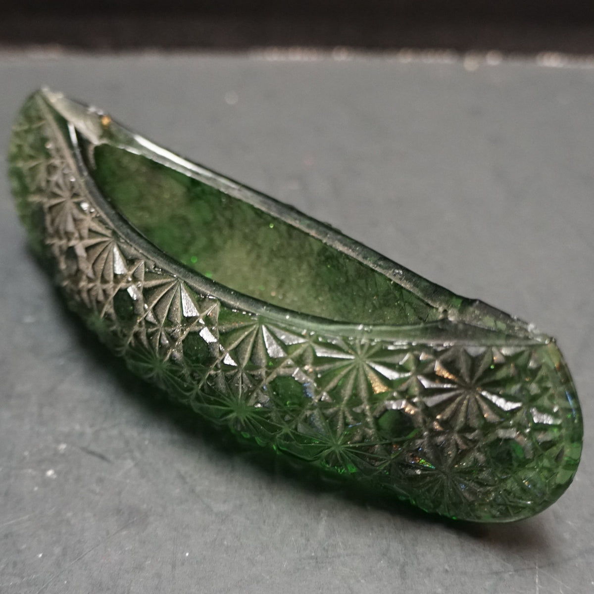 SOLD Emerald Green Daisy & Button Glass Canoe
