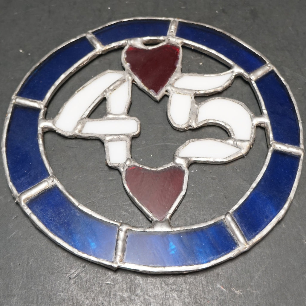 Stained Glass Sun Catcher 45 Blue White Red Heart