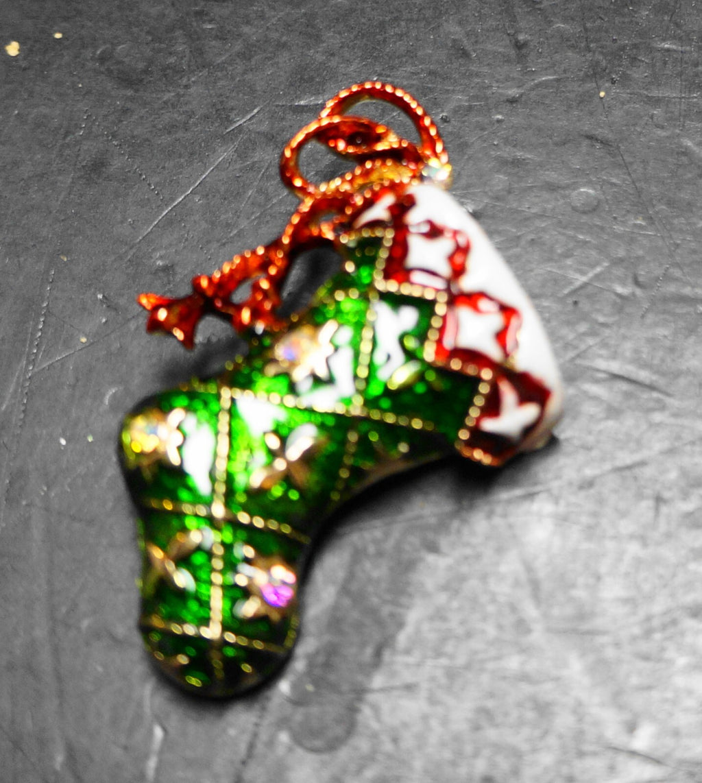Green Enamel Gold Tone Christmas Stocking Pin