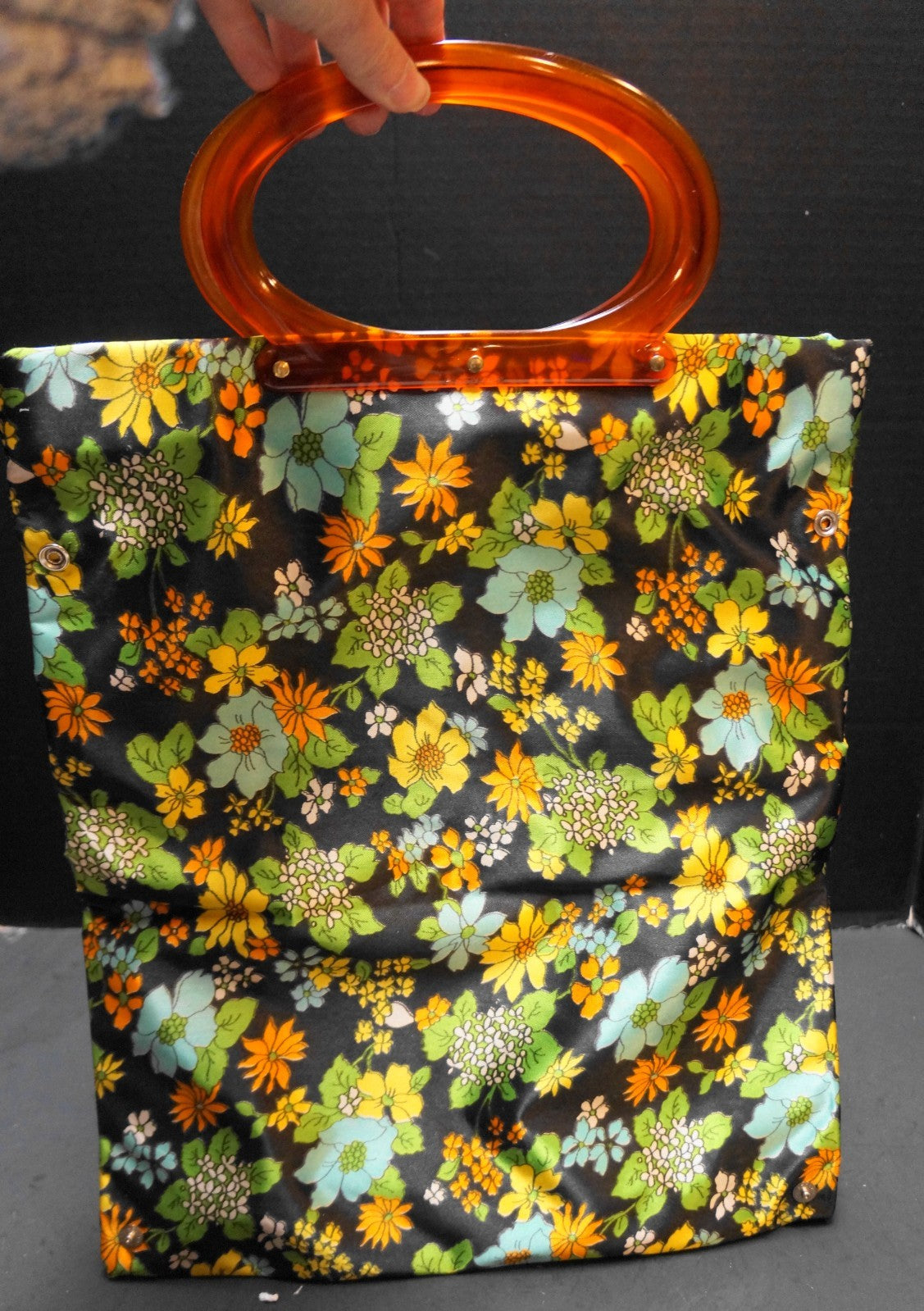 Lady's Pride Satin Floral Folding Tote Bag Clutch 1960s Flower Power Lucite Hand